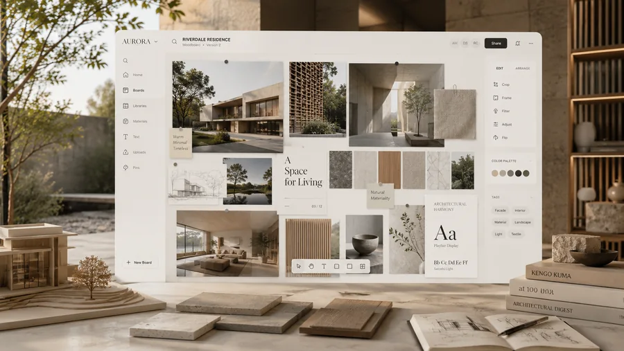Moodboard de arquitetura gerado com o MoodBoard Creator